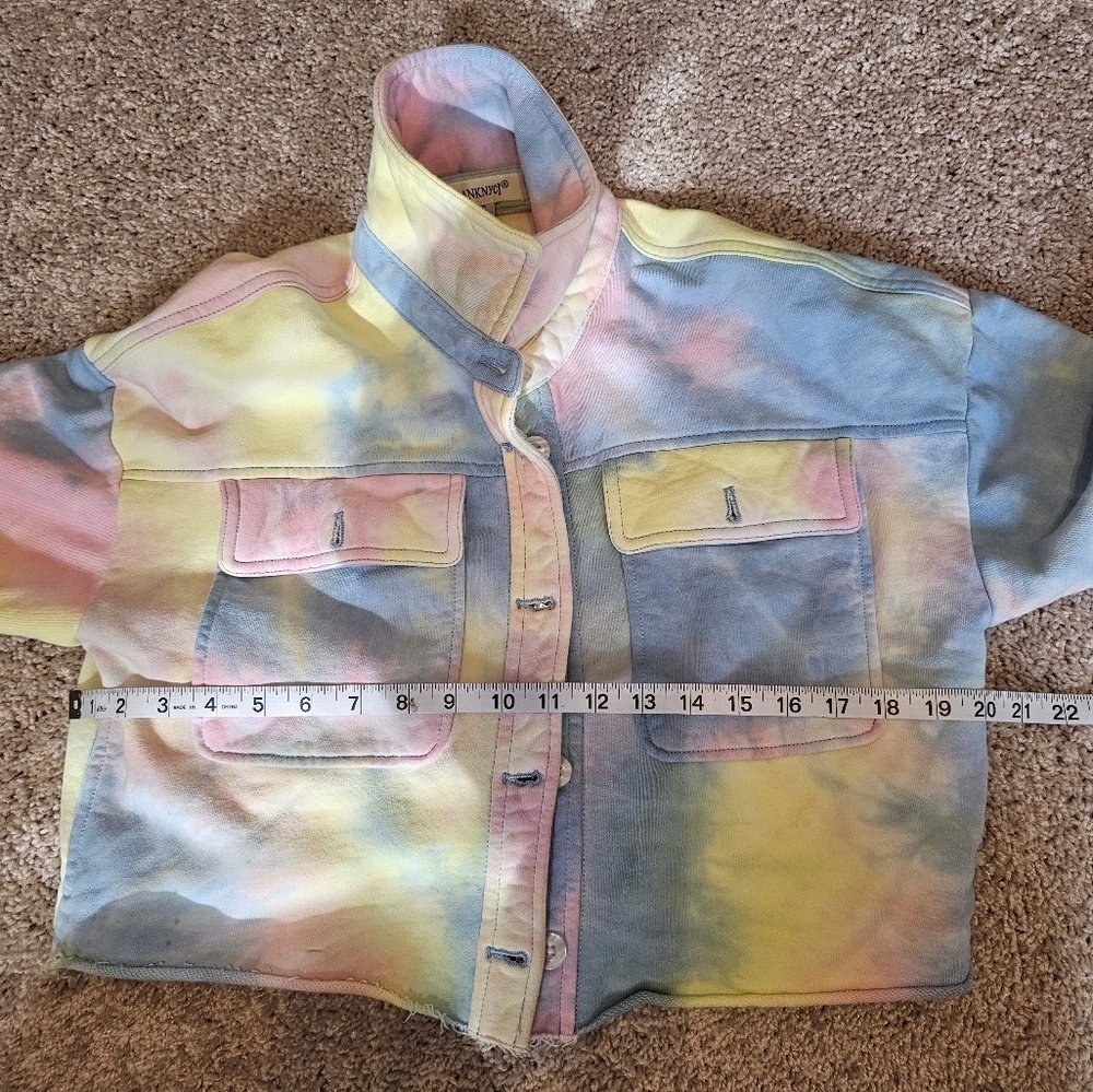 Blank NYC Jacket Yellow Pink Blue Tye Die Trucker Knit Crop Womens Size S - Picture 4 of 5